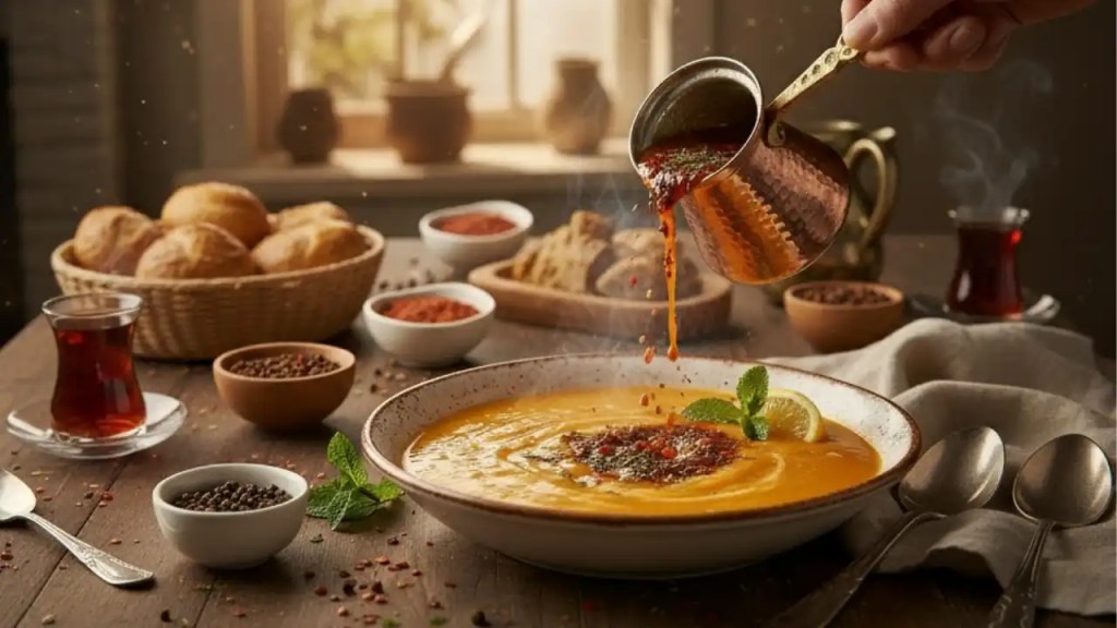 mercimek çorbası üzerine sos, naneli tereyağı sosu, çorba için yakılmış biberli yağ, mercimek çorbası sunumu, mercimek çorbası, mercimek çorbası tarifi, lokanta usulü mercimek çorbası, mercimek çorbası nasıl yapılır, yeşil mercimek çorbası, kırmızı mercimek çorbası