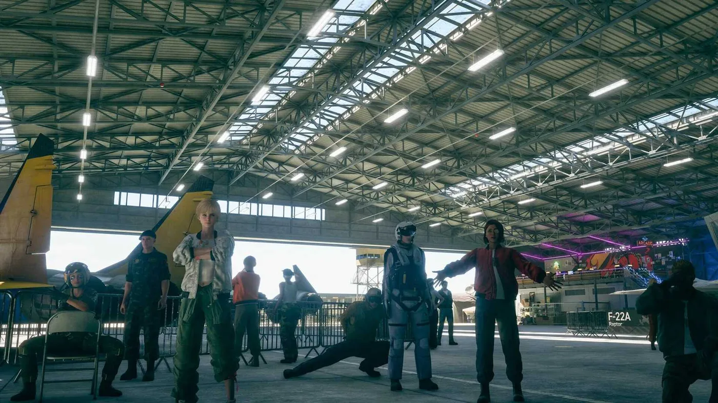 Aircraft hangar bay in Ace Combat 8 Wings of Theve showcasing modern franchise visuals.