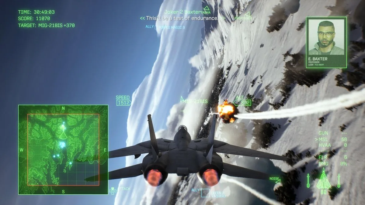 Ace Combat 8 screenshot showing a fighter jet maneuvering past an exploding missile.
