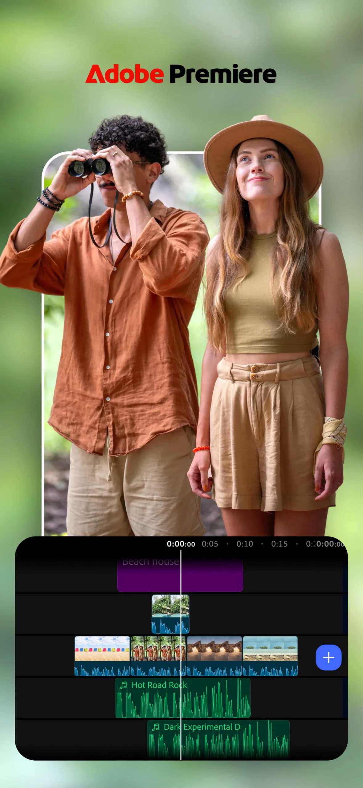 Multi-track timeline editing interface inside the Adobe Premiere Android mobile application.