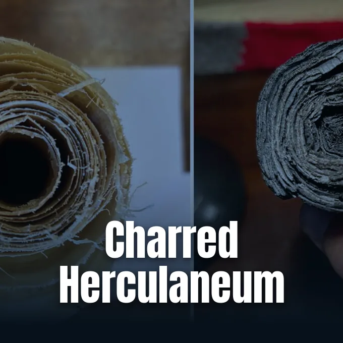 A contemporary carbonized papyrus scroll created by Douglas Seiler beside an ancient charred scroll from Herculaneum.