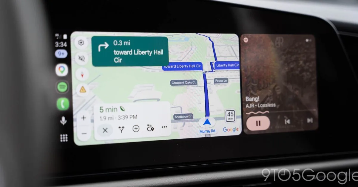 The Google Maps interface running on a vehicle display connected to Android Auto.