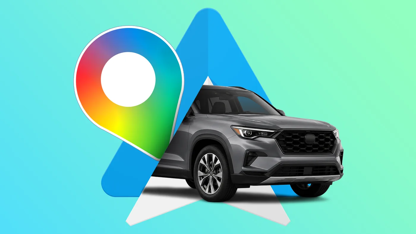 Google Maps navigation on an in-car screen showing the Android Auto speedometer.