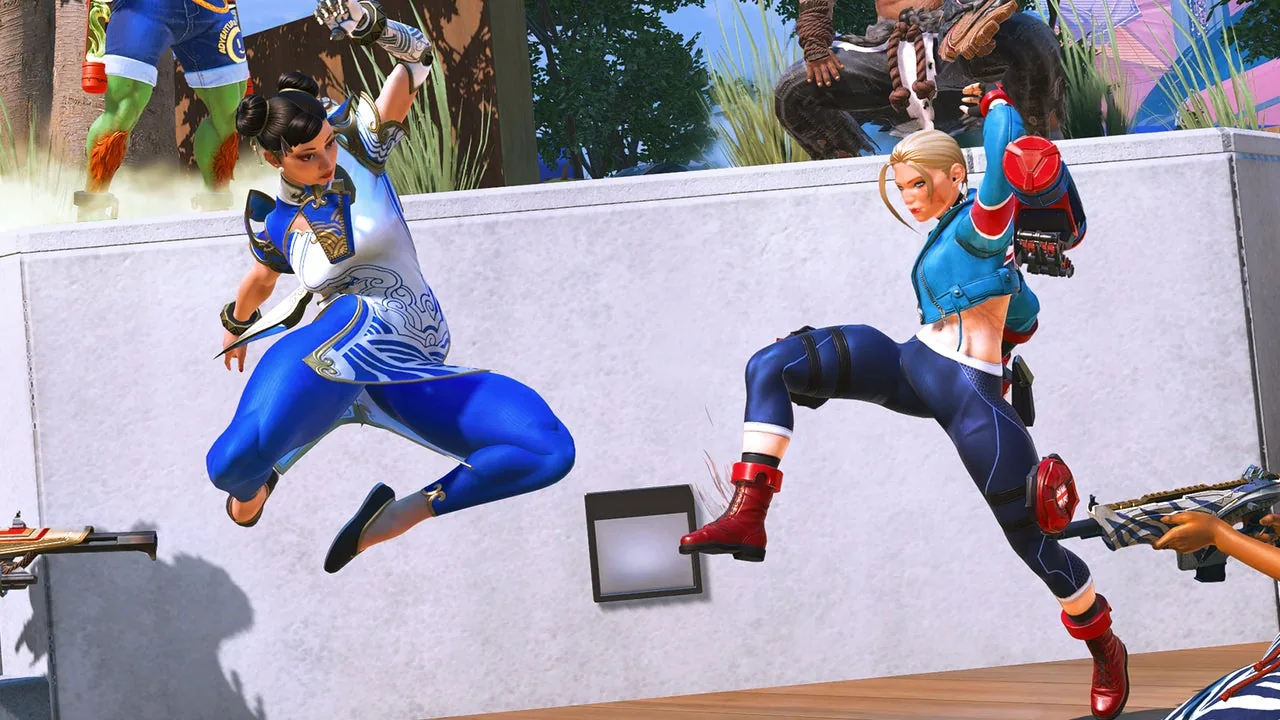 Promotional artwork for the Apex Legends Street Fighter crossover highlighting character silhouettes and muscle definition.