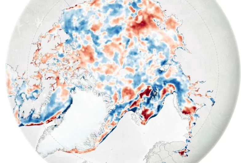 Satellite trend map depicting the stabilization of Arctic sea ice melt season length from 2010 to 2023
