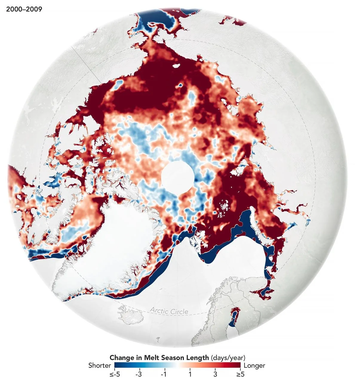 NASA Earth Observatory map displaying Arctic sea ice melt onset and freezeup patterns from 2000 to 2009