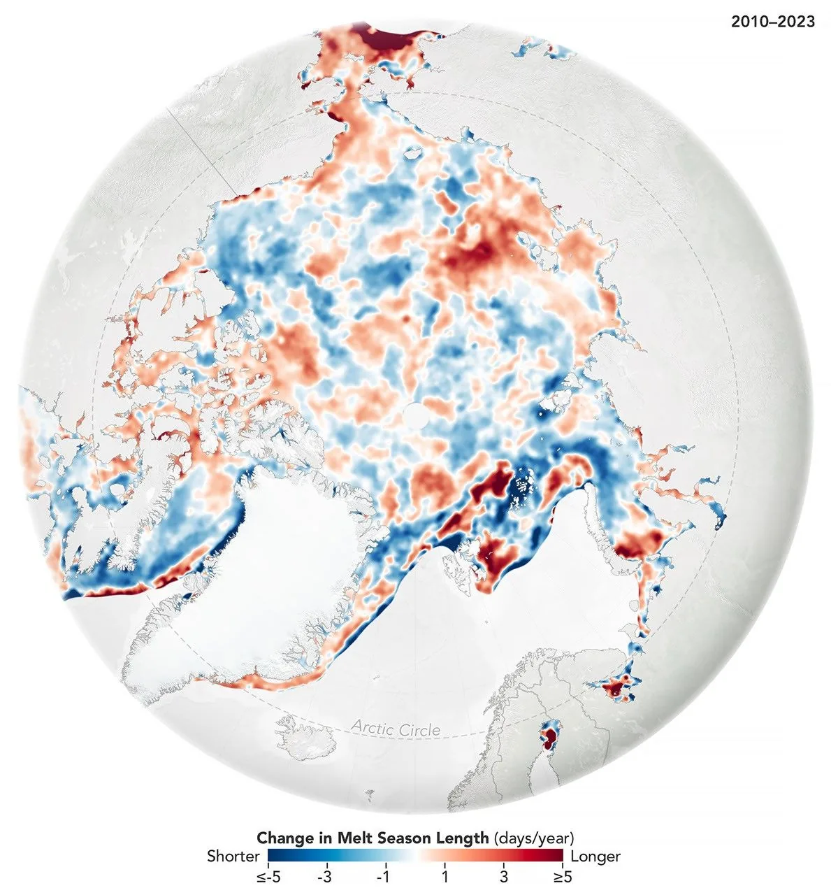 NASA satellite analysis map illustrating regional Arctic sea ice melt trends between 2010 and 2023