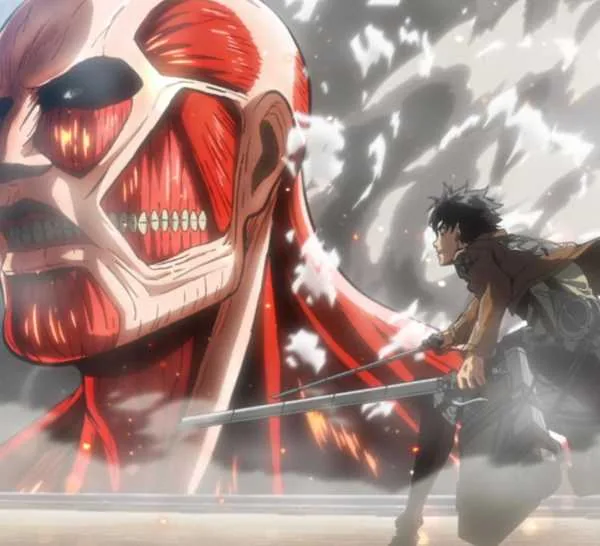 Eren Jaeger confronts the Colossal Titan in Attack on Titan Crimson Bow and Arrow
