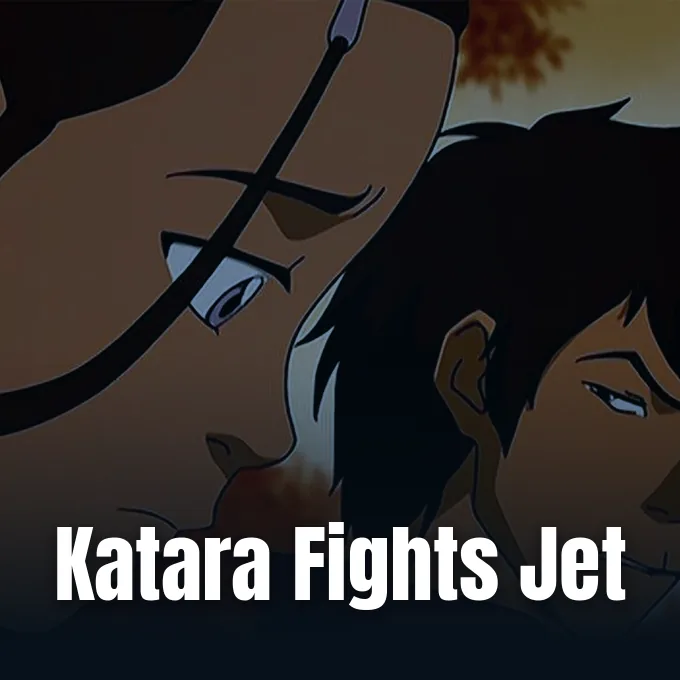 Katara and Jet confront each other in the animated Avatar Last Airbender series.