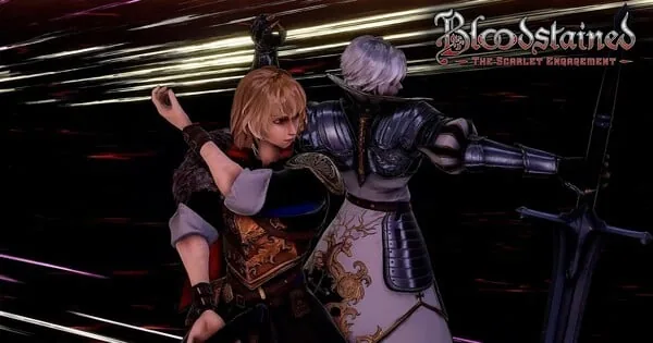 Promotional trailer still from Bloodstained: The Scarlet Engagement showing gothic battles.