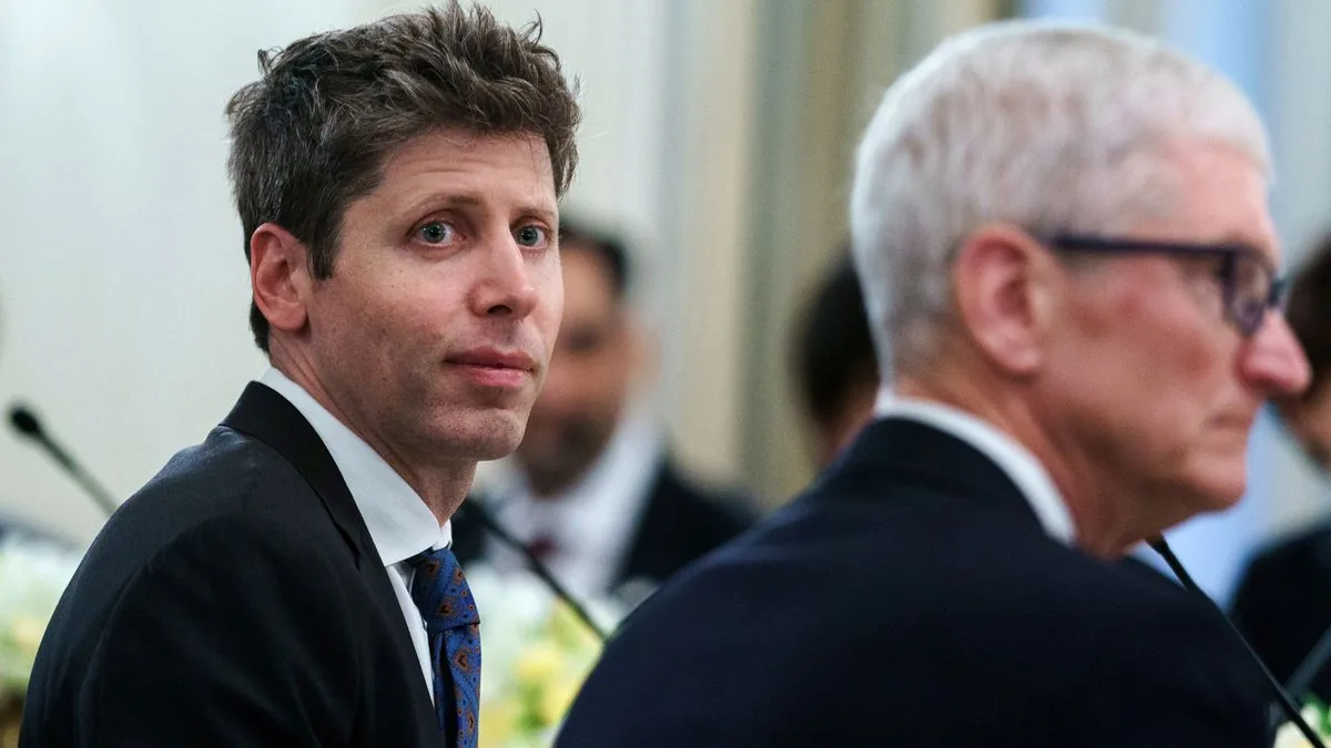 Sam Altman and Tim Cook meeting during discussions surrounding Apple Intelligence and ChatGPT Siri integration.