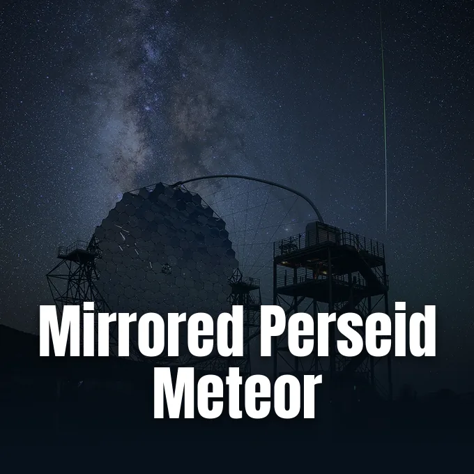 The Cherenkov telescope mirror of LST-1 at La Palma reflecting a Perseid meteor trail beside the central Milky Way.