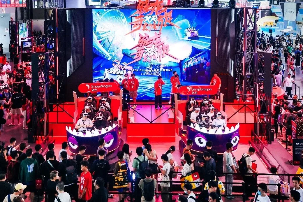 Crowds gather inside the exhibition halls during ChinaJoy 2026 at the expo center.