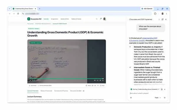 Gemini side panel in Google Chrome analyzing multimedia content from an active webpage.