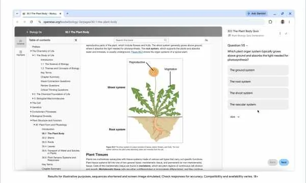 Interactive study quiz interface generated by Gemini in Google Chrome.