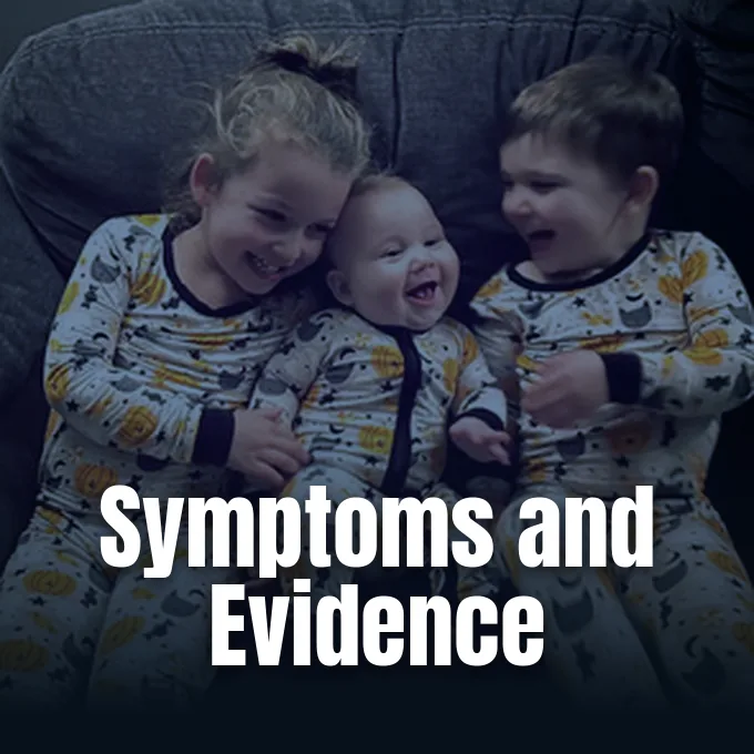 Family photograph of the three Clancy children, used on a title card reading Symptoms and Evidence.