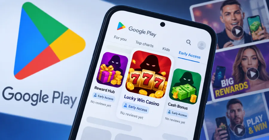 Google Play illustration accompanying a report about deceptive Early Access applications.