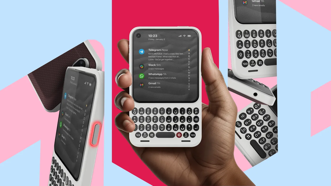 A person holding the Clicks Communicator alongside angled hardware views.