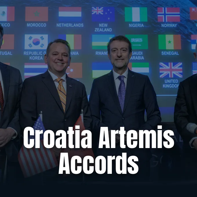 Croatian and American officials sign the Croatia Artemis Accords agreement during a diplomatic ceremony in Zagreb.