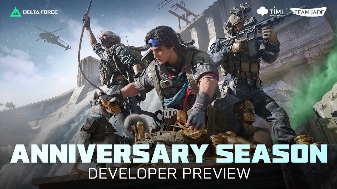 Official broadcast thumbnail from the developer stream detailing the Delta Force anniversary season roadmap.