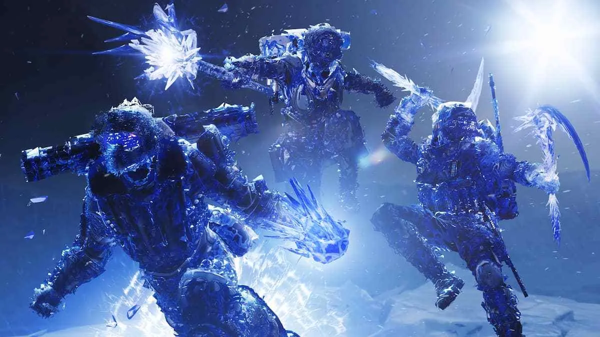 A Hunter, Warlock, and Titan wielding Stasis abilities in Destiny 2 content introduced during the Beyond Light expansion.