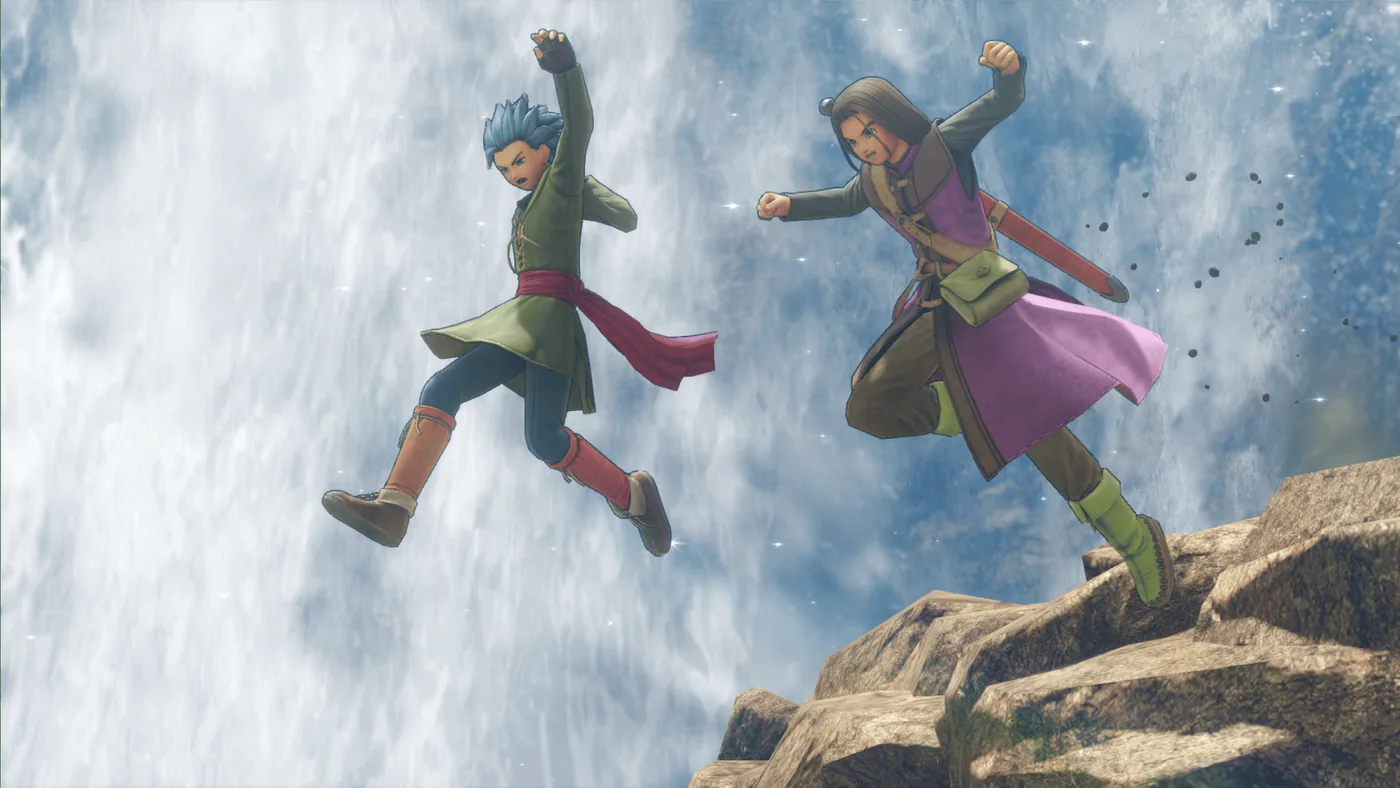 Dragon Quest XI S characters leaping from a cliff with a waterfall in the background