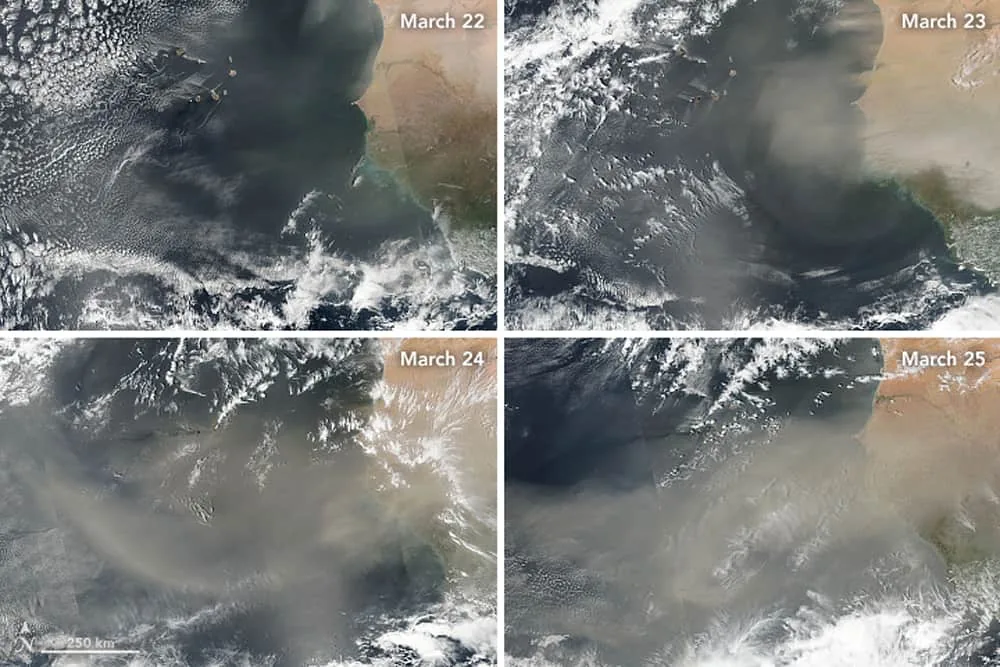 Satellite view of Saharan dust extending from Africa over the Atlantic Ocean.