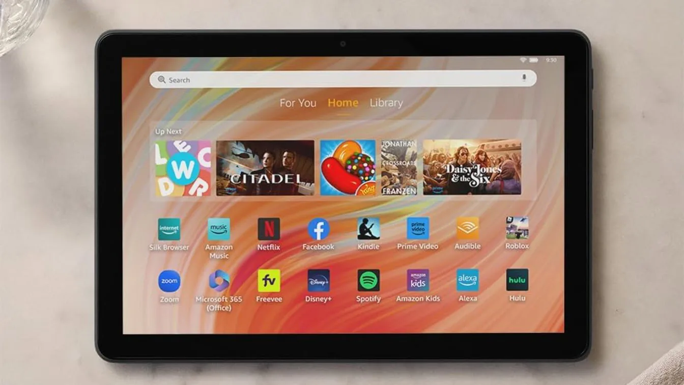 Amazon Fire HD 10 tablet press image showing hardware design.