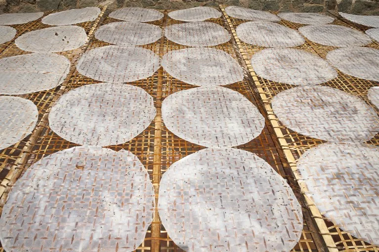 Edible rice paper sheets drying on bamboo racks inspiring biodegradable edible batteries.