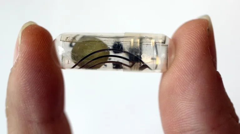 An ingestible capsule containing edible batteries held between two fingers.
