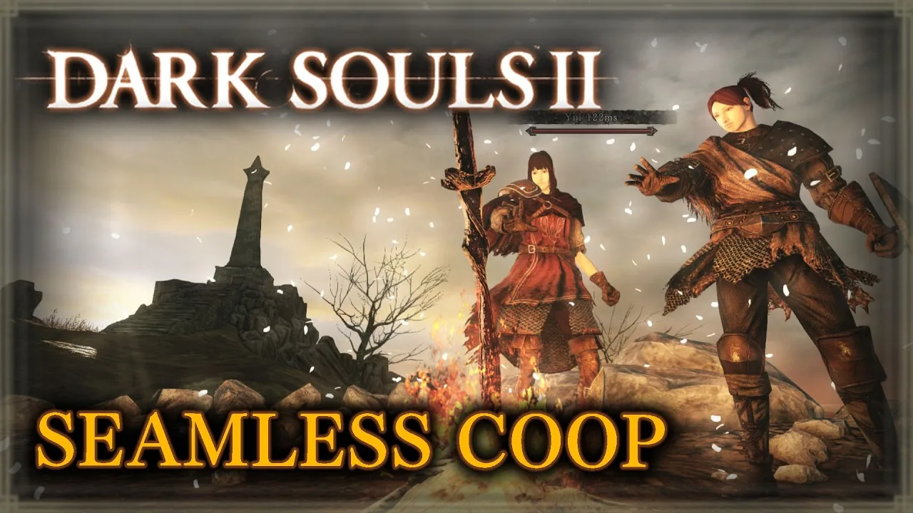 Video preview frame outlining install steps and features for the Dark Souls 2 seamless co-op project.