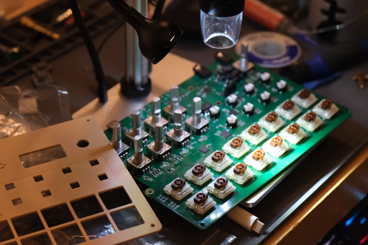 Hardware launch photograph from creator Evan King detailing prototype development for the Engram sampler.
