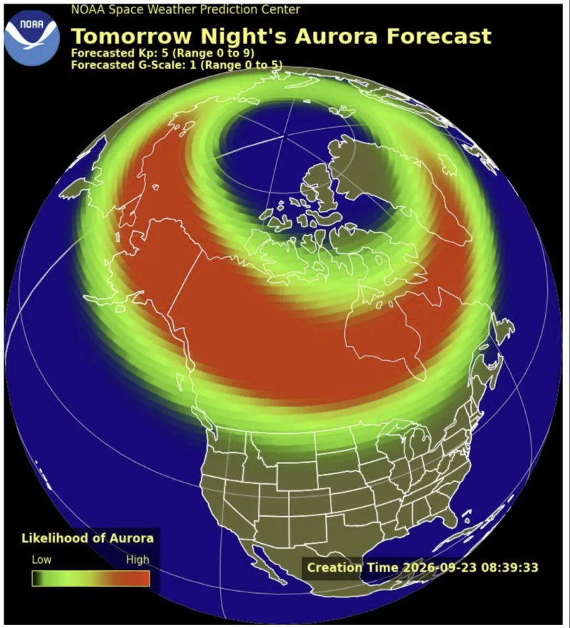 NOAA space weather forecast map showing auroral oval expansion during fast solar wind conditions.