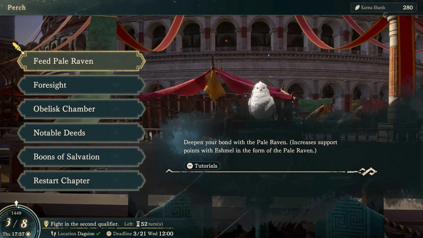 The Perch menu interface for feeding the pale raven Eshmel in Fire Emblem: Fortune's Weave