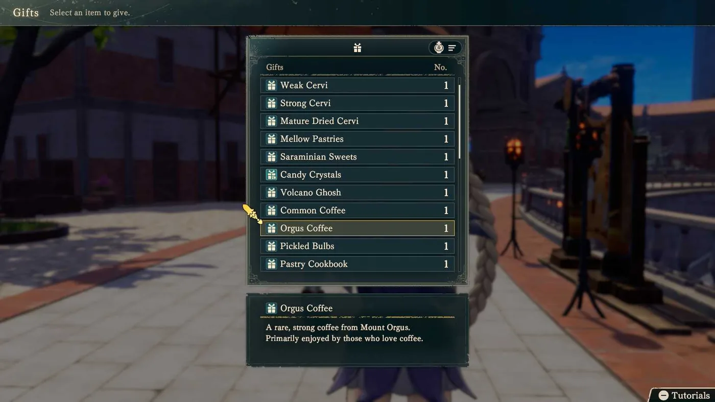 Inventory catalog showing gift items categorized for allies in Fire Emblem: Fortune's Weave