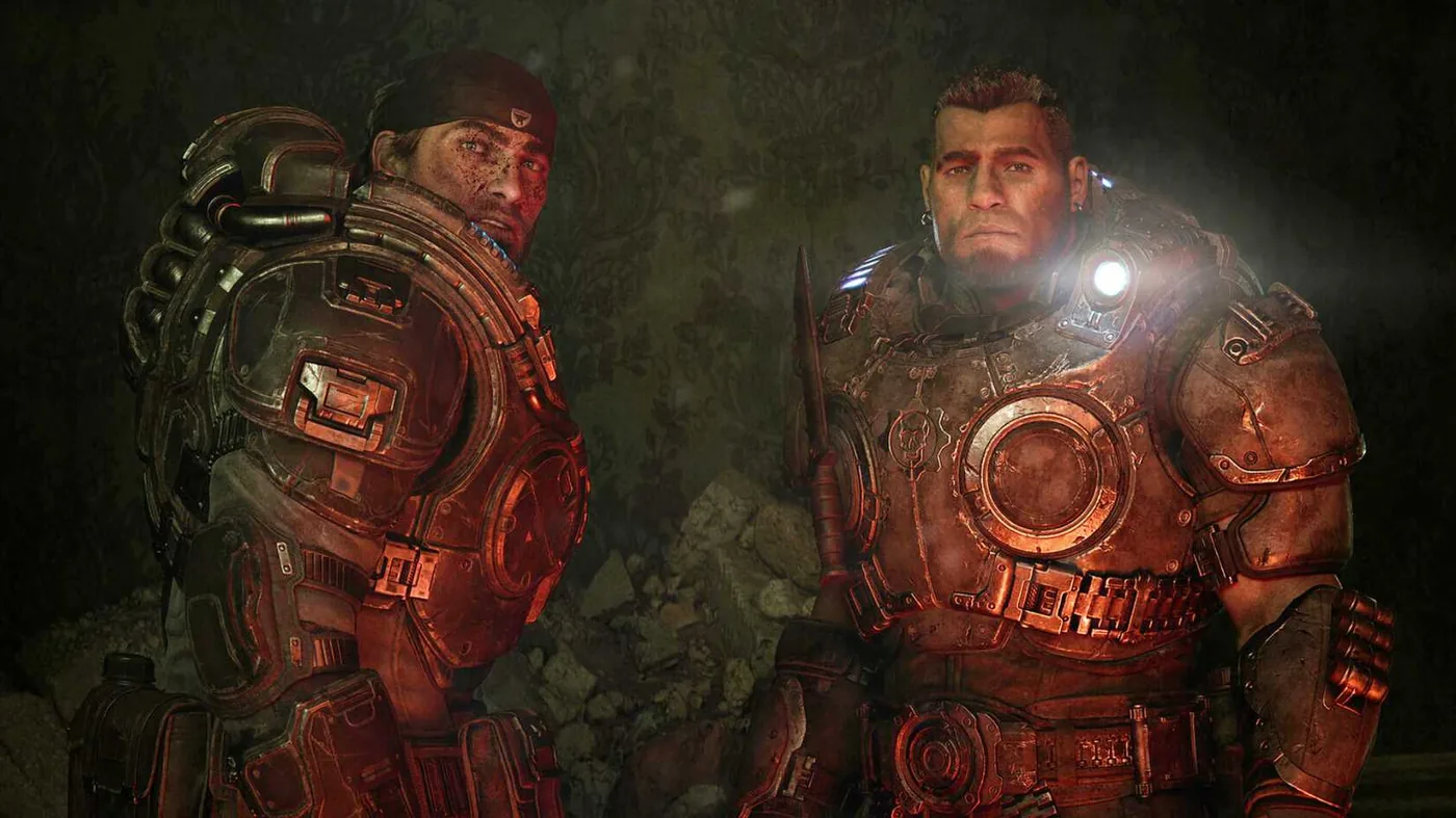 Dom and Marcus shown together in a dark room during Gears of War E-Day.