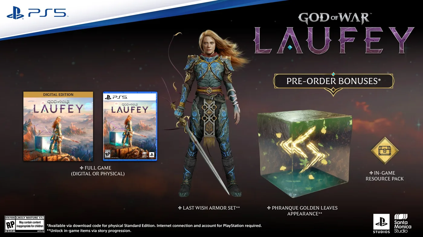 Promotional breakdown of God of War Laufey pre-order bonuses on PlayStation 5