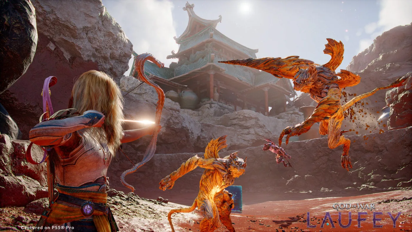 Gameplay screenshot showing combat with the Serpent Bow in God of War Laufey