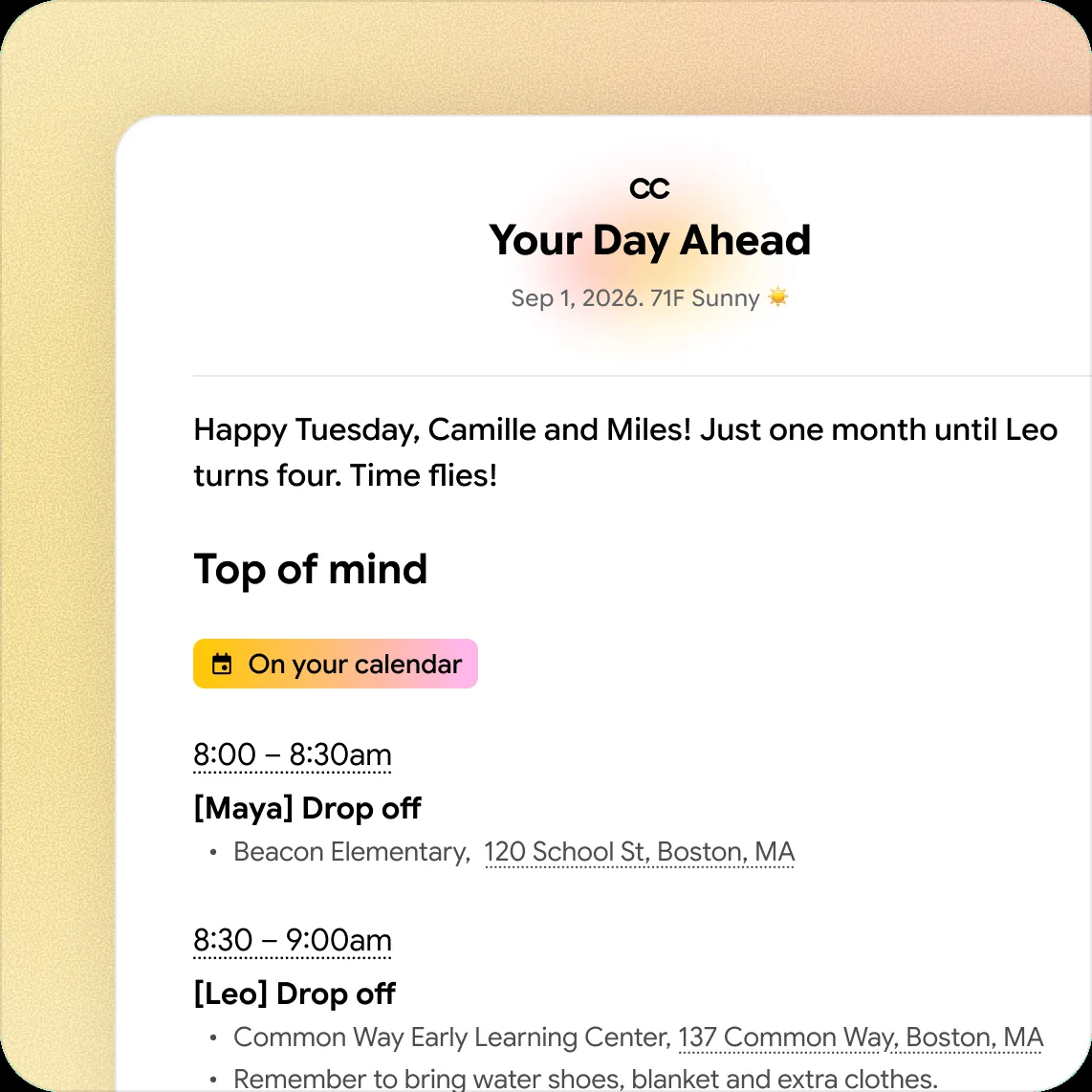 Interface preview of the Google CC agent managing shared reminders and logistical updates.