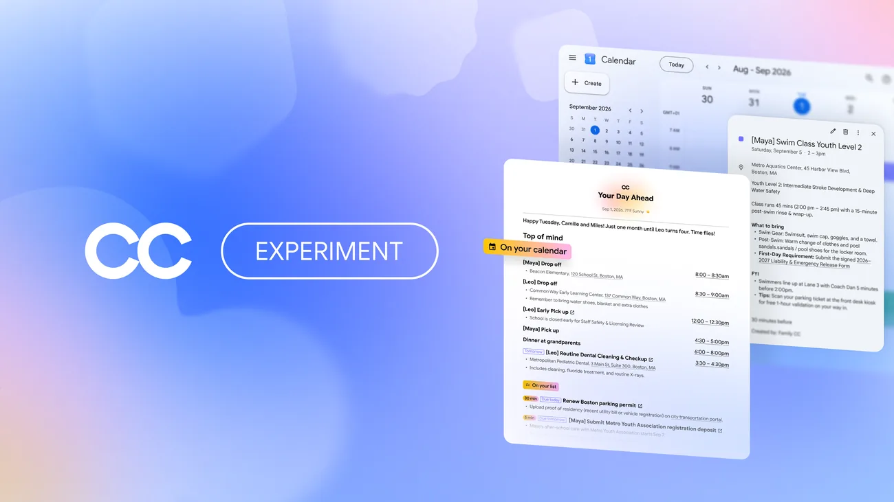 Official Google graphic depicting the Google CC agent interface for group coordination.