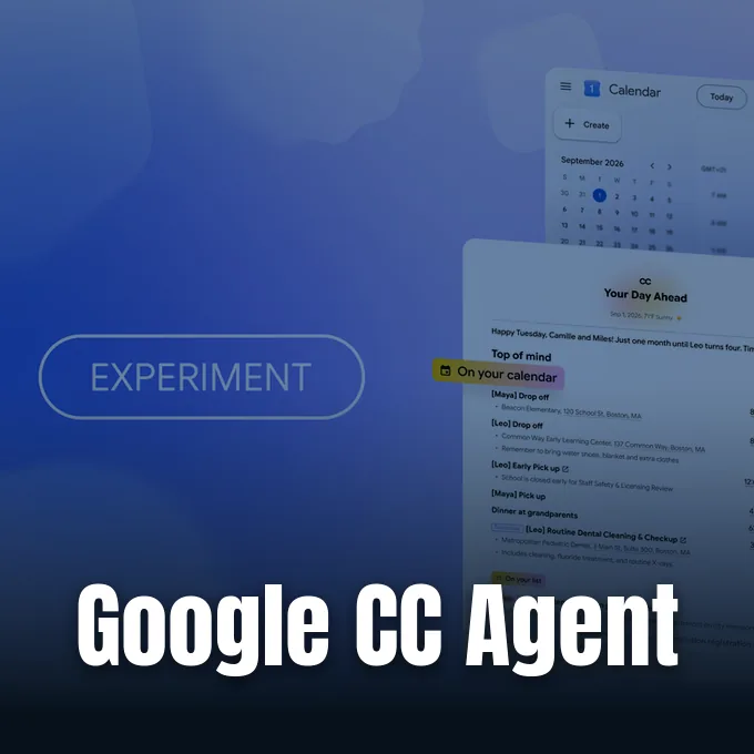 Official Google promotional hero graphic introducing the Google CC agent for household organization.