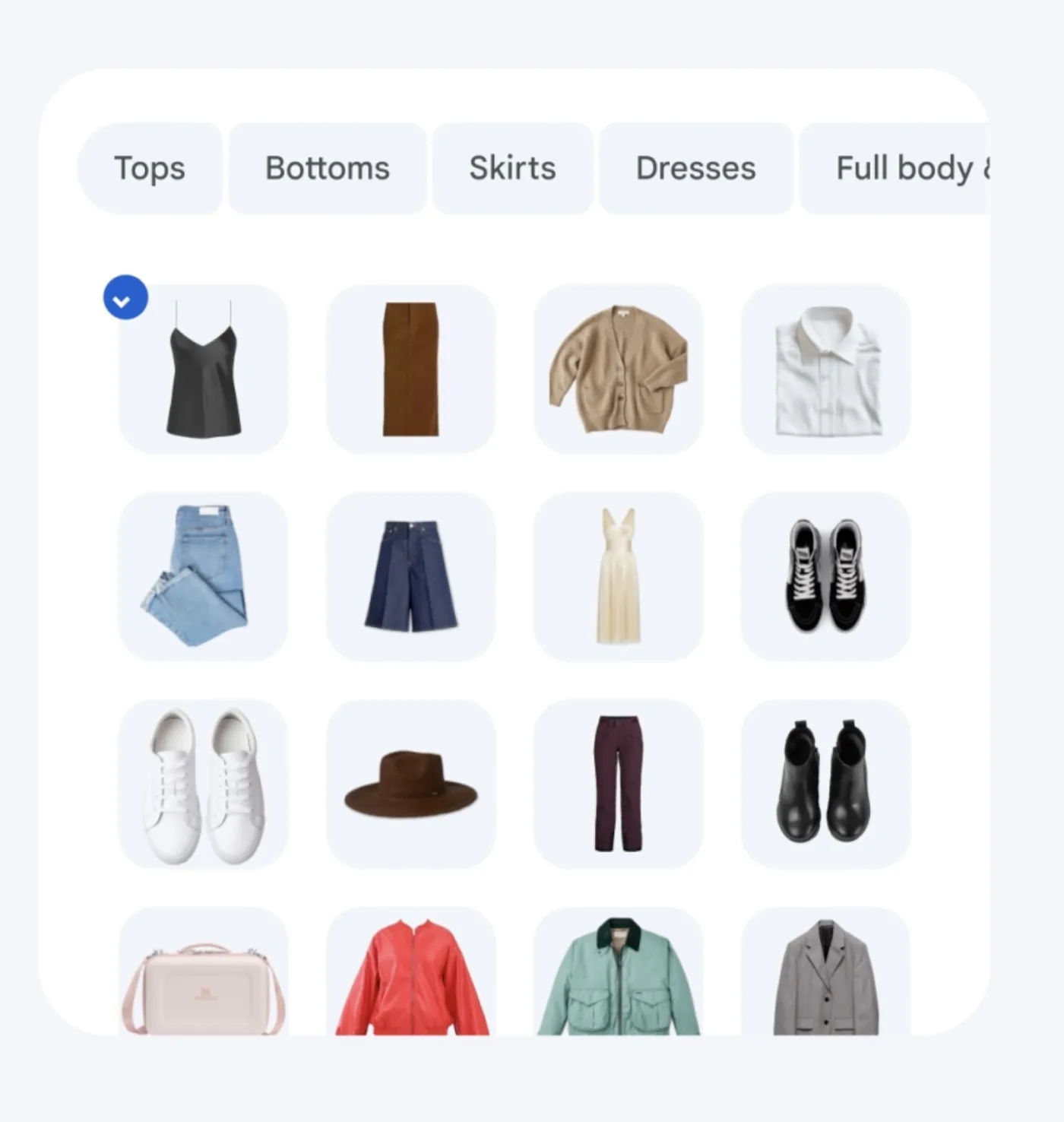 Google Photos wardrobe outfit pairing screen showing digital mixing tools.