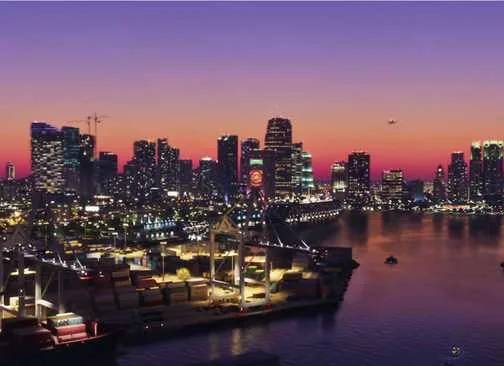 Official Grand Theft Auto 6 promotional artwork showcasing Vice City atmospheric conditions during sunset.
