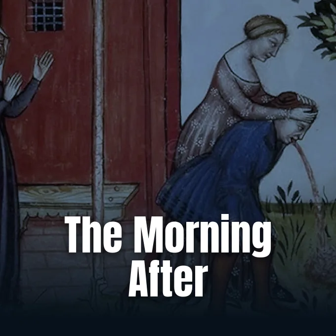 Medieval illustration accompanying a history of hangover cures.