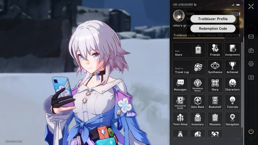 March 7th checking her phone menu for Honkai Star Rail banners and codes.