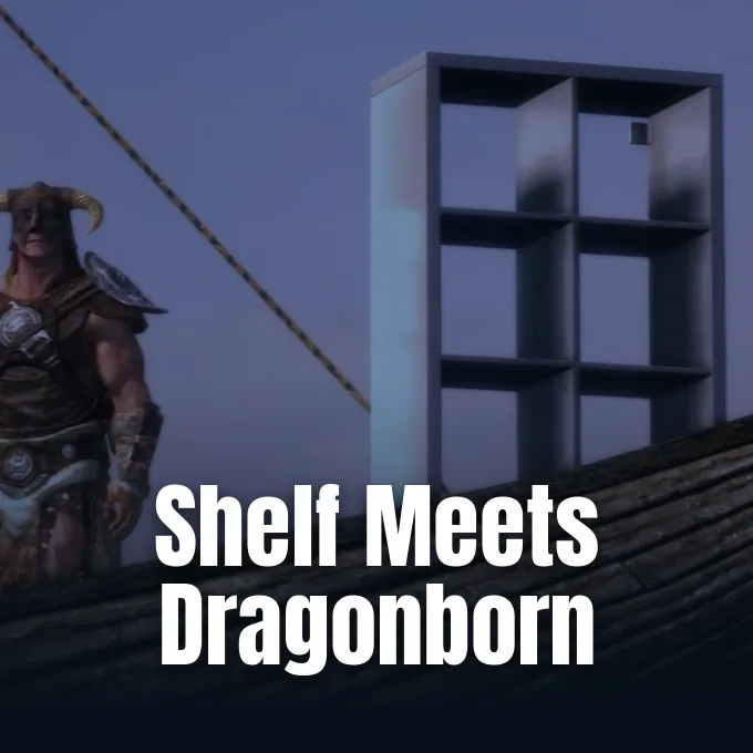 Promotional image for the IKEA Skyrim mod featuring the Kallax shelving companion.