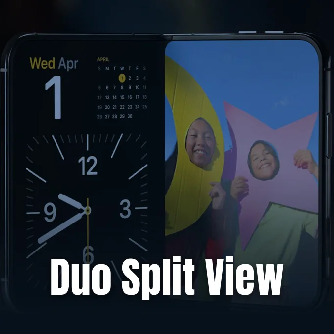 Apple presentation slide demonstrating iPhone Duo Split View during the launch event.