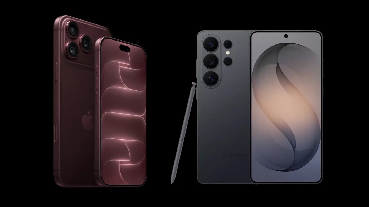 Smartphone comparison image accompanying Engadget's iPhone Pro Max and Galaxy S26 Ultra report.