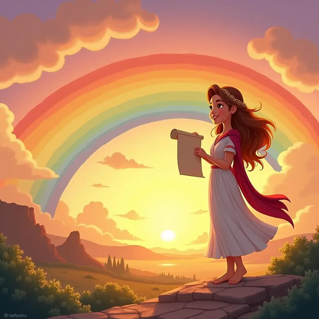 Children's book illustration celebrating colorful rainbow tales and Greek mythological lore.