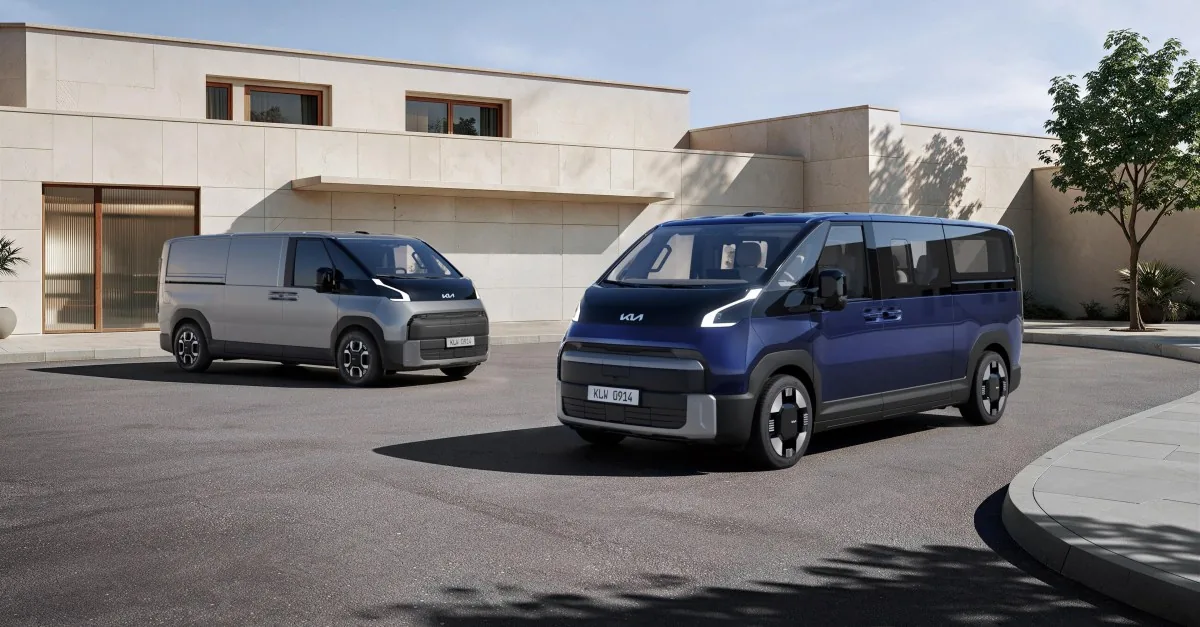 The Kia PV7 passenger and cargo models shown for the Kia electric van lineup.